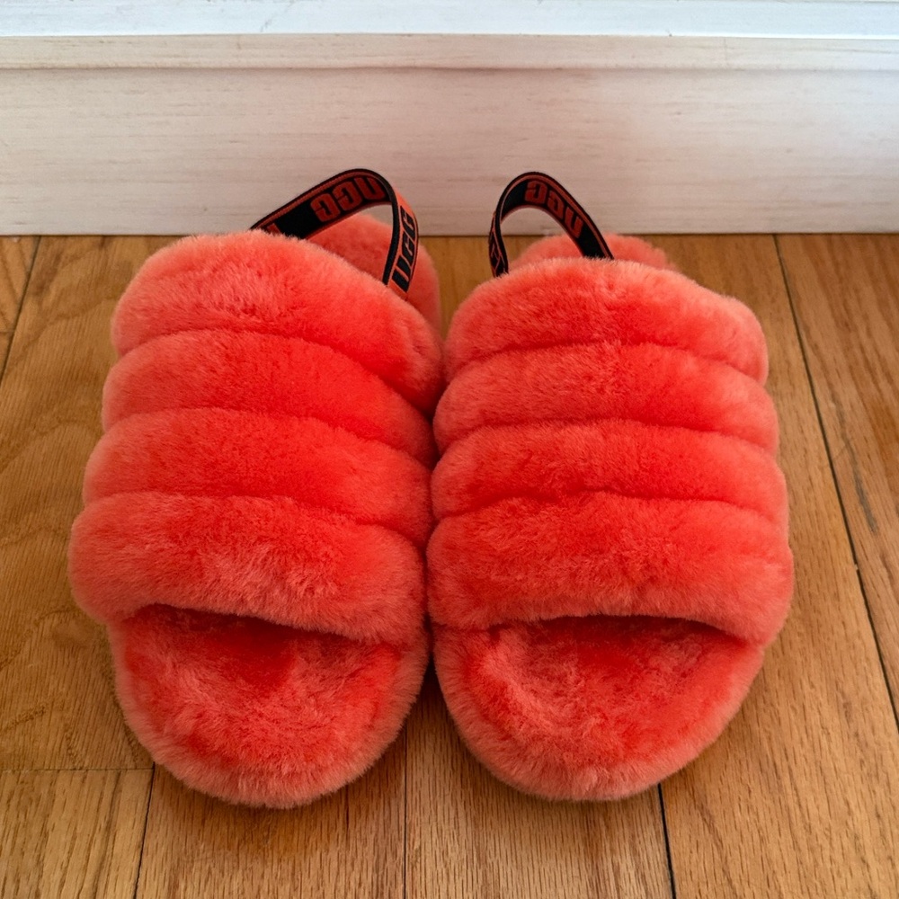 UGG orange fuzzy slides with branded strap